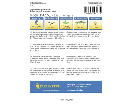 Kaberi mini-aubergine zaadpakket met informatie over zaaien, plantdiepte, kieming, afstand en oogst