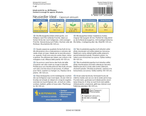 Zadenpakket Neusiedler Ideal blokpaprika, Capsicum annuum met informatie over zaaien, kiemen, afstand en oogsten