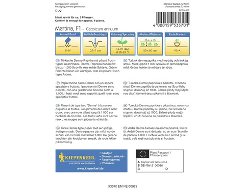 Mertina F1 Capsicum annuum zaadzak met informatie over zaaien, zaaidiepte, kieming, afstand en oogst