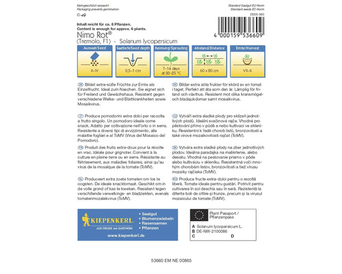 Zadenpakket Nimo Rot Tremolo F1 Solanum lycopersicum met informatie over zaaien, zaaidiepte, kieming, afstand en oogsttijd