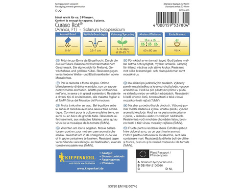 Curaso Rot tomatenzaden verpakking met informatie over zaaien, plantdiepte, kieming, afstand en oogsttijd