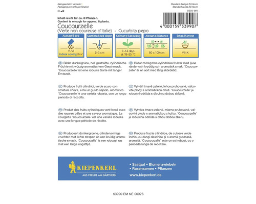 Coucourzelle zaden verpakking met informatie over zaaien, afstand en oogsttijd