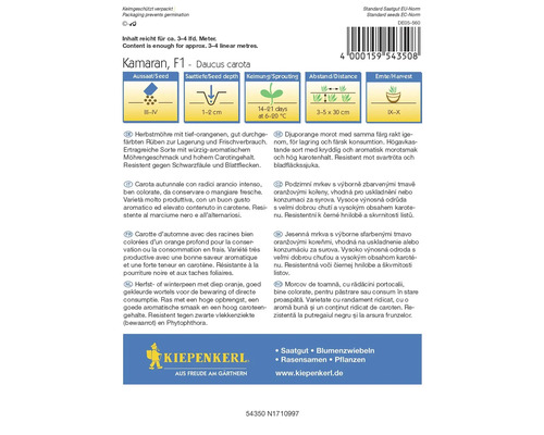 Wortelzaadverpakking Kamaran F1 van Kiepenkerl met informatie over zaaien, zaaidiepte, kieming, afstand en oogsttijd