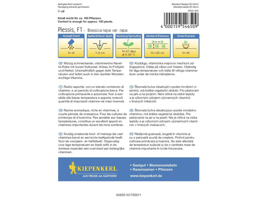Plessis F1 Brassica Rapa zaadverpakking met informatie over zaaien, zaaidiepte, kieming, afstand en oogst