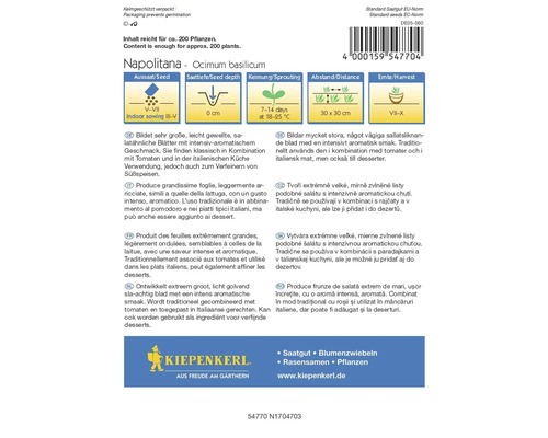 Napolitana basilicum zaden verpakking