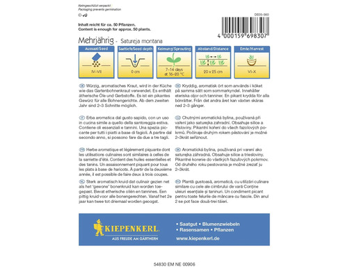 Meerjarige Satureja montana zadenverpakking met informatie over zaaien, zaaidiepte, kieming, afstand en oogst