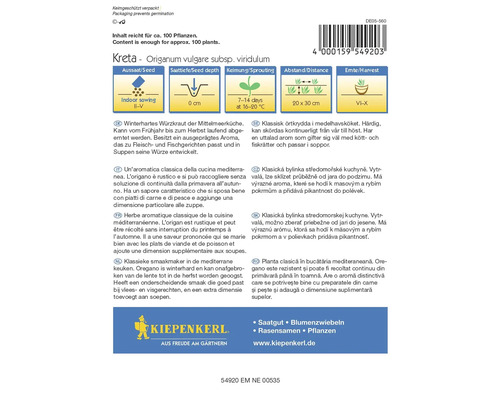 Verpakking van de oregano soort Kreta met informatie over zaaien, zaaidiepte, kieming, afstand en oogst