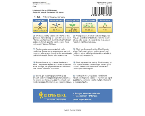 Laura peterselie zadenpak van Kiepenkerl met informatie over zaaien, kiemen, afstand en oogsten