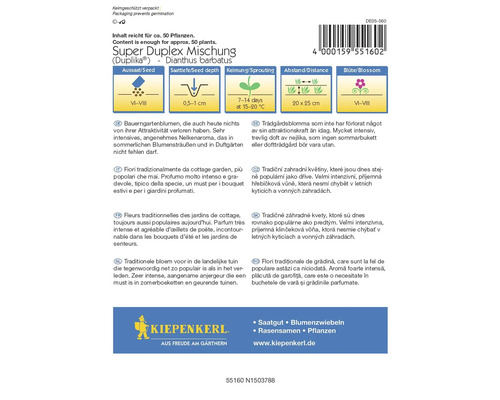 Verpakking van Super Duplex Mischung (Duplika) - Dianthus barbatus met informatie over zaaien, zaaidiepte, kieming, afstand en bloeitijd