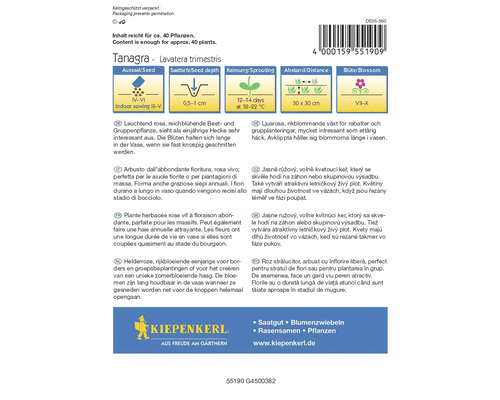 Tanagra Lavatera trimestris bloemzaadverpakking met informatie over zaaitijd, zaaidiepte, kieming, afstand en bloeitijd