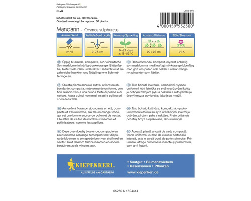 Zadenpakket Mandarin Cosmos Sulphureus met informatie over zaaien, plantdiepte, kieming, afstand en bloeitijd