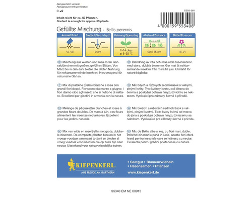 Zaadverpakking gevulde mix Bellis perennis met zaaien, zaaidiepte, kieming, afstand en bloeitijd