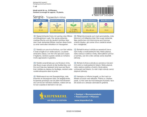 Zadenpakket Sangria Tropaeolum minus met informatie over zaaien, zaaidiepte, kieming, afstand en bloeitijd