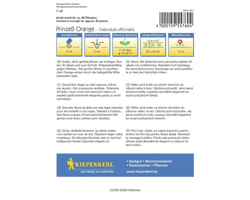 Zadenpakket Goudsbloem Prinzeß Orange met informatie over zaaien, zaaidiepte, kieming, afstand en bloeitijd