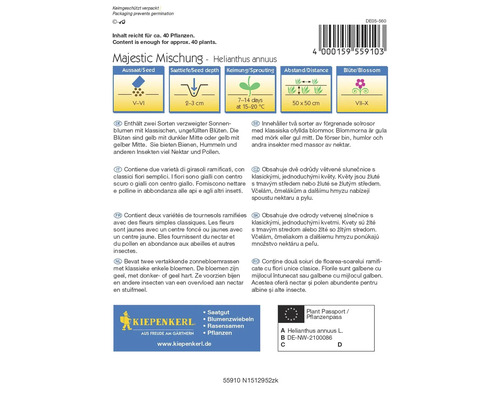 Zadenpakket Majestic Mischung Helianthus annuus met informatie over zaaien, bloeitijd en plantenpaspoort