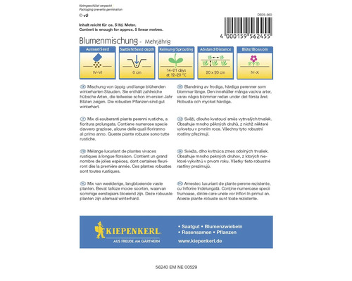 Bloemenmengsel meerjarig, informatie over zaaien, zaaidiepte, kieming, afstand en bloeitijd