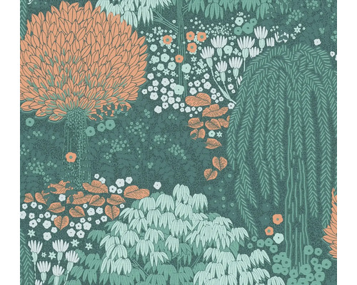 A.S. CRÉATION Vliesbehang 39350-3 Famous Garden natuur petrol Behang met boom- en plantmotief