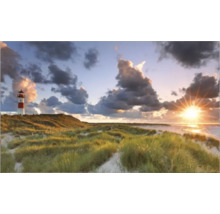 Landschap met vuurtoren in duingras onder een bewolkte hemel