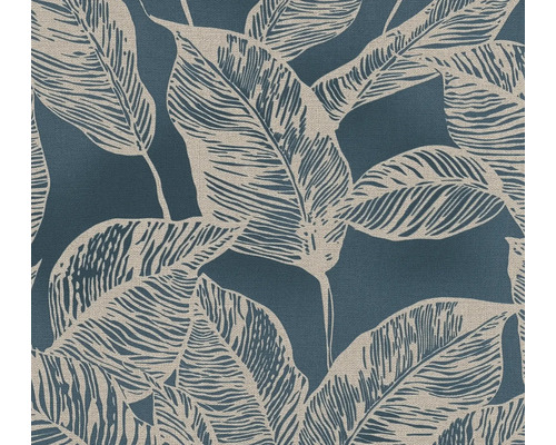 A.S. CRÉATION Vliesbehang 38663-1 Natural Living bladeren blauw Close-up van een textiel met bladmotief