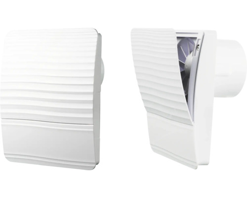 Twee aanzichten van een witte badkamerventilator met een golfpatroon op de voorplaat.