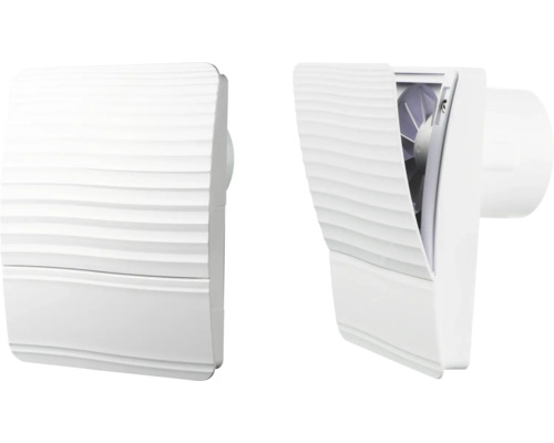 Twee aanzichten van een witte wandventilator met gestructureerd oppervlak