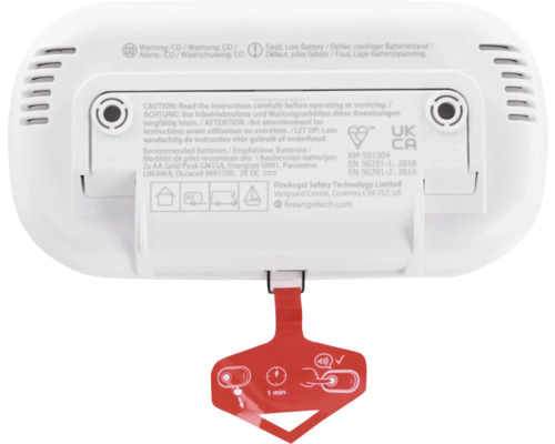Achterkant van een koolmonoxidemelder met waarschuwingen en batterij-informatie