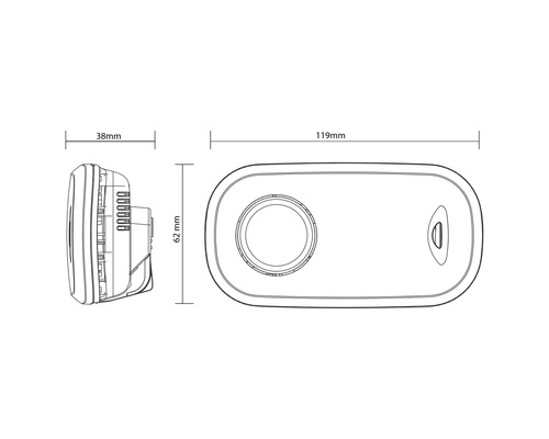 Afmetingdiagram van een smart home apparaat met de afmetingen 38 mm, 62 mm en 119 mm.