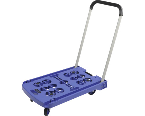 Blauwe transportwagen met wielen en uitschuifbare handgreep