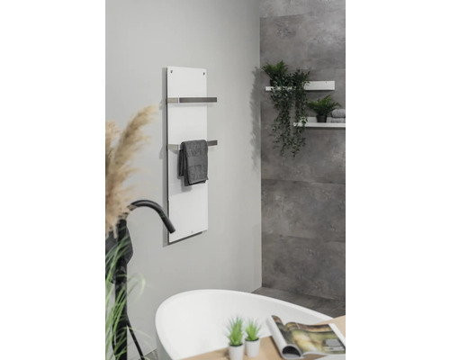 Badkamer met ligbad, handdoekradiator en decoratie