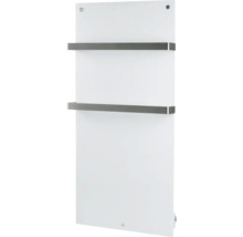 Witte glazen radiator met twee roestvrijstalen handdoekrekken