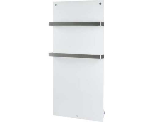 Witte glazen radiator met twee roestvrijstalen handdoekrekken
