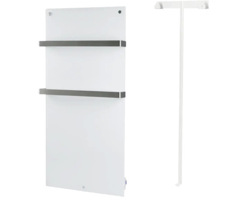 Witte glazen radiator met handdoekhouders en voet