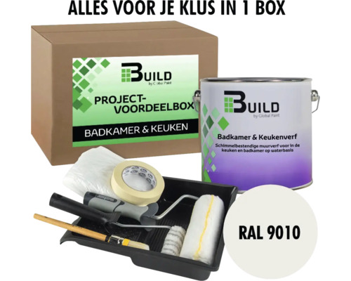 BUILD Project-voordeelbox Badkamer & Keuken muurverf RAL 9010 2,5 l Verfset voor badkamer en keuken met verf, rollers, afplaktape en verfbak