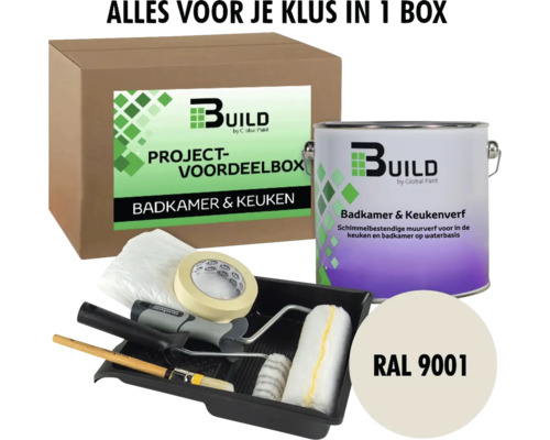 BUILD Project-voordeelbox Badkamer & Keuken muurverf RAL 9001 2,5 l Complete set voor badkamer en keuken met verf, verfbak, verfroller, kwast en afdekmateriaal