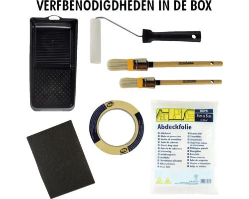 Verfbenodigdheden in een doos, inclusief verfbak, verfroller, penselen, schuurpad, afplakband en afdekfolie.