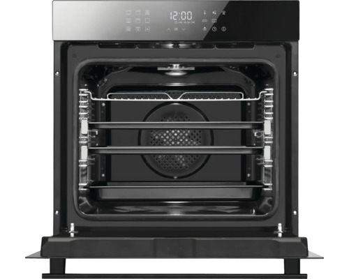 Geopende oven met digitaal display en meerdere inschuifniveaus.