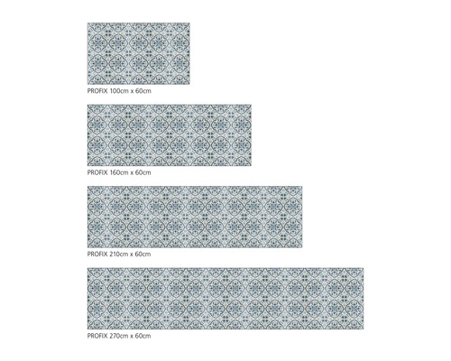 Afbeelding van PROFIX vloerbedekking in verschillende formaten met blauw-wit patroon