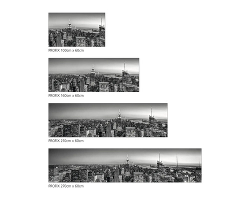 Vier verschillende formaten van de Profix wandafbeelding met een New Yorks stadsbeeld in grijstinten, formaten variërend van 100 cm tot 270 cm breed.