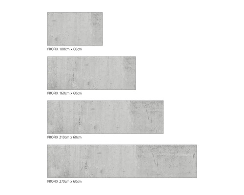 PROFIX betonpanelen in verschillende maten: 100 cm x 60 cm, 160 cm x 60 cm, 210 cm x 60 cm, 270 cm x 60 cm.