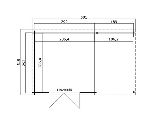 Plattegrond van een tuinhuis met afmetingen
