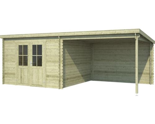 OUTDOOR LIFE Blokhut Orlando geïmpregneerd vurenhout olijfgroen 581x292x211 cm Houten tuinhuis met dubbele deur en overdekte ruimte