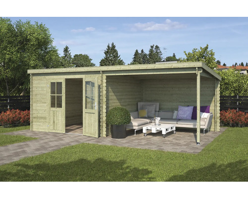 Tuinhuis met overdekt terras en tuinmeubelen op een verharde ondergrond