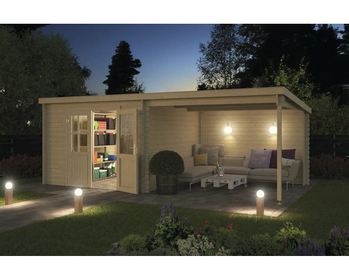 Tuinhuis met terras, meubels en verlichting