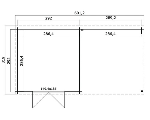 Plattegrondtekening van een tuinhuis met maatvoering
