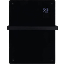 Zwarte handdoekradiator met digitaal display en handdoekhouder