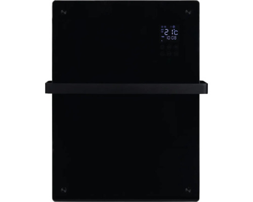 Zwarte handdoekradiator met digitaal display en handdoekhouder