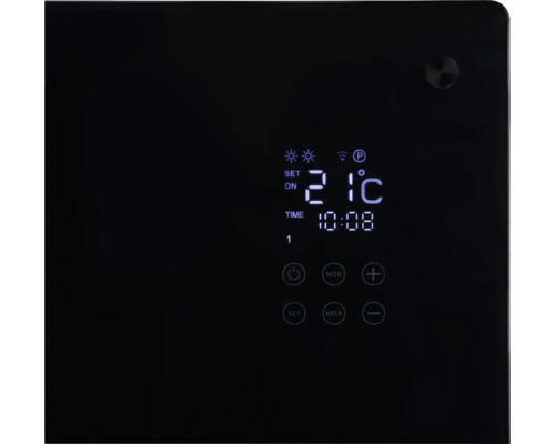 Bedieningspaneel van een verwarming met digitale temperatuur- en tijdweergave