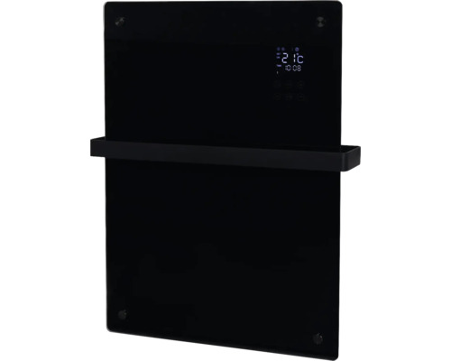 Zwarte glazen verwarming met handdoekhouder en digitale display
