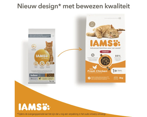 IAMS Kattenvoer adult indoor kip 3 kg Twee verpakkingen IAMS kattenvoer voor binnenkatten, een oud en een nieuw ontwerp.