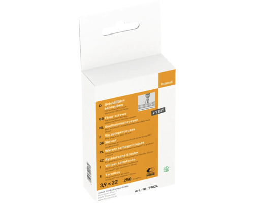 Snelbouwschroeven 3,9 x 22 millimeter, 250 stuks, inclusief bit